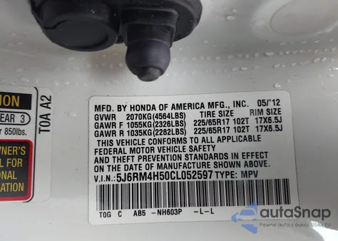 2012 Honda Cr-V Ex from USA, damaged, VIN 5J6RM4H50CL052597